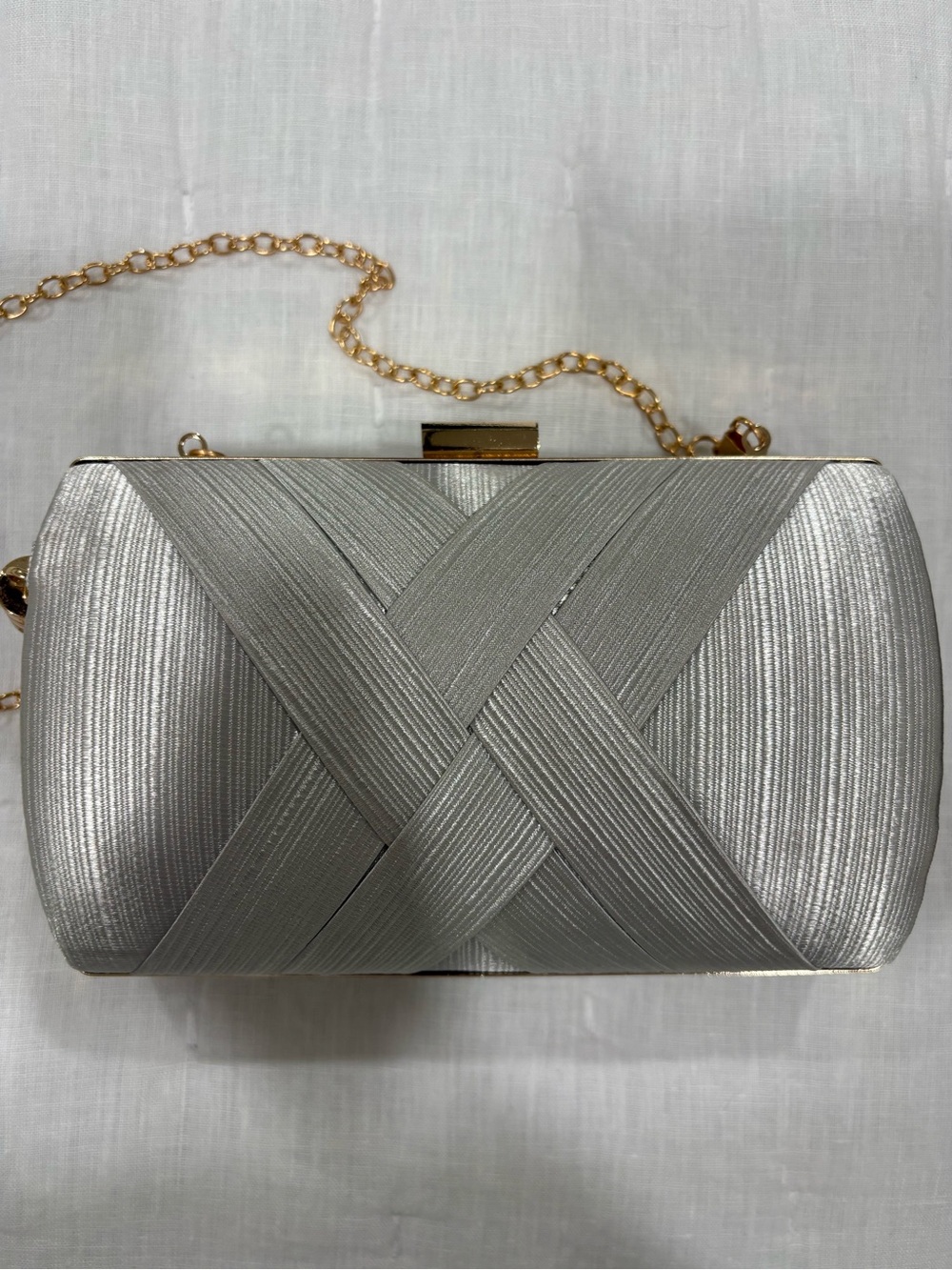 Metallic Silver Woven Evening Clutch with Gold Chain